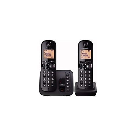 Zwei schwarze schnurlose Telefone mit Ladestation. Auf den Displays steht „Panasonic 1234567890“.