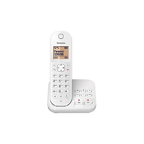 Weißes schnurloses Panasonic Telefon mit Display und Basisstation vor weißem Hintergrund.