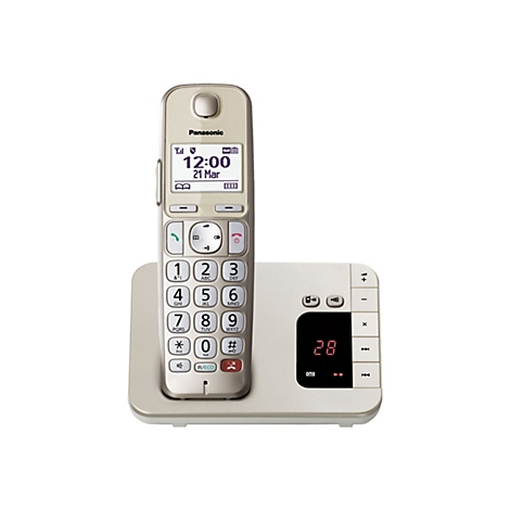 Ein schnurloses Telefon von Panasonic. Das Mobilteil steht in einer Ladestation und zeigt die Uhrzeit und das Datum an. Auf dem Mobilteil sind Ziffern und Symbole abgebildet.