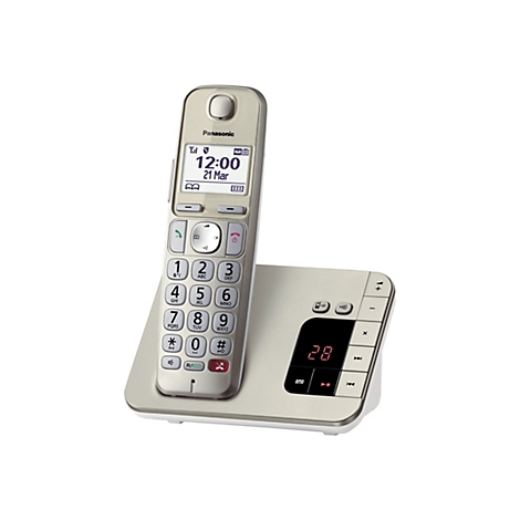 Ein schnurloses Telefon mit LCD-Display, das die Uhrzeit und das Datum anzeigt, steht auf einer Ladestation. Das Telefon und die Basis sind silbern.