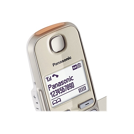 Hellgraues Telefon von Panasonic, Display mit Telefonnummer.