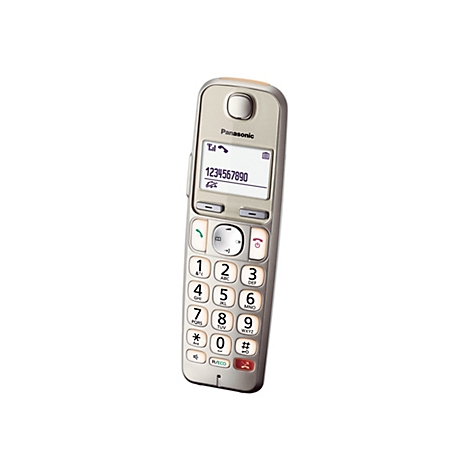Ein silbernes schnurloses Telefon von Panasonic, mit Zifferntasten und einem Display, das eine Telefonnummer anzeigt.