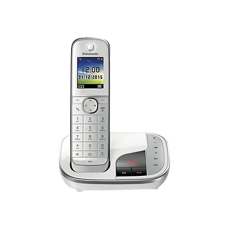 Schnurloses Festnetztelefon, weiß, mit Display und Ladestation. Uhrzeit und Datum sind auf dem Display sichtbar.