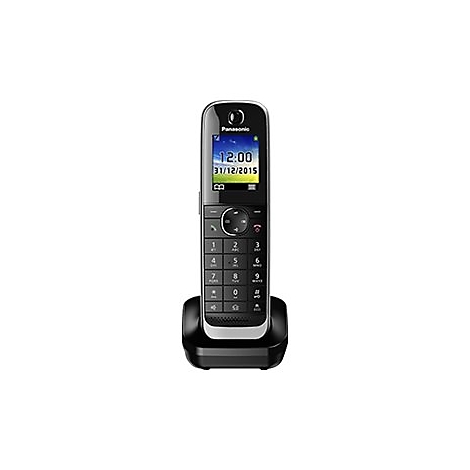 Schwarzes schnurloses Telefon von Panasonic auf Ladestation. Display zeigt 12:00 Uhr 31.12.2015 an.