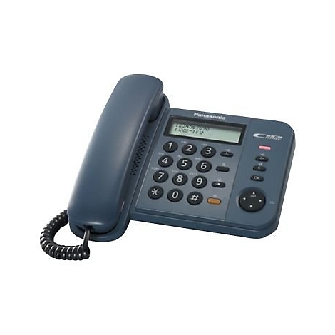 Dunkelgraues Panasonic Festnetztelefon mit Display, Zifferntastatur und Hörer auf weißem Hintergrund.
