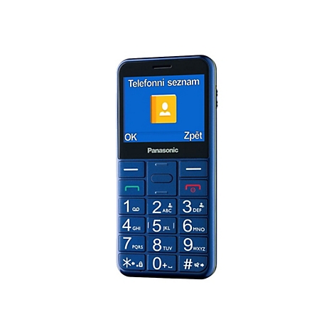 Blaues Mobiltelefon mit Tasten und Display mit Menü. Schriftzug "Telefonní seznam".