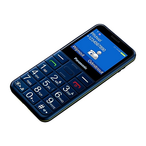 Dunkelblaues Mobiltelefon mit großen Tasten. Auf dem Display: eingehender Anruf, Telefonnummer, Annehmen und Ablehnen.