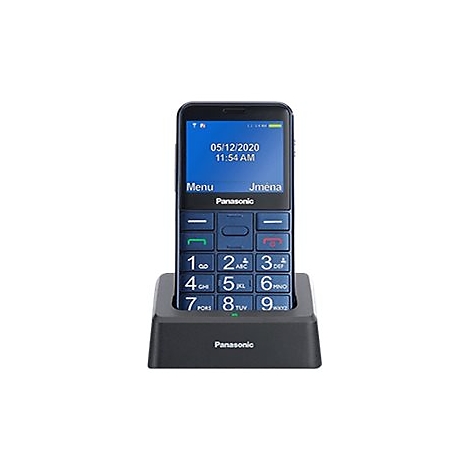 Ein schwarzes Panasonic-Mobiltelefon mit großen Tasten und blauem Ziffernblock steht in einer Ladestation.