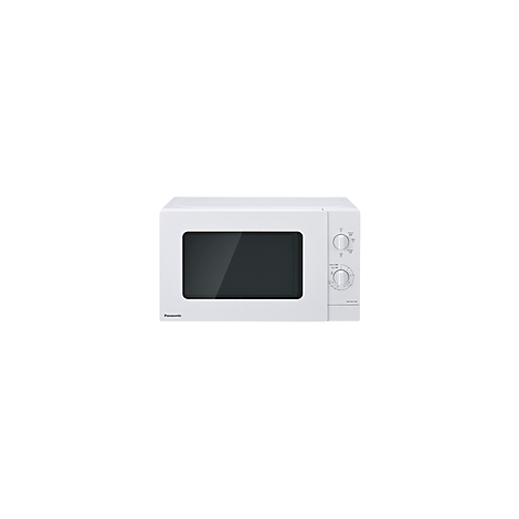 Micro-ondes blanc avec porte vitrée noire et deux boutons rotatifs. Logo Panasonic en bas à gauche.