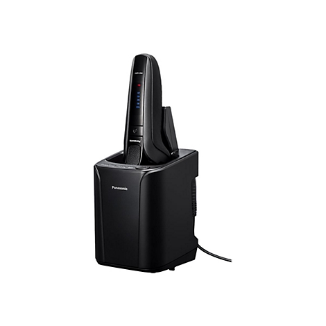 Rasoir noir dans sa station de charge. Affiche l'état de charge et la fonction Wet/Dry. Marque : Panasonic.