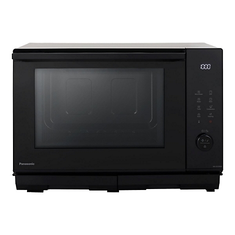 Schwarze Panasonic Mikrowelle vor weißem Hintergrund mit Digitalanzeige und Bedienfeld.