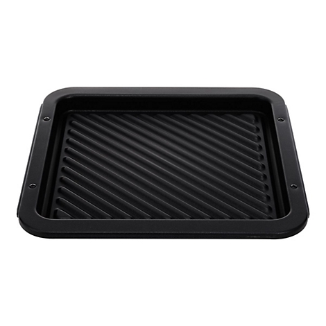 Quadratische, schwarze Grillpfanne mit geriffelter Bodenstruktur vor weißem Hintergrund.