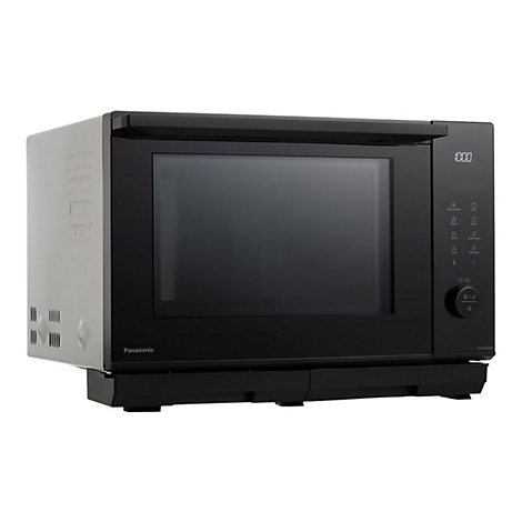 Schwarze Panasonic Mikrowelle vor weißem Hintergrund mit Digitalanzeige und Drehknopf.