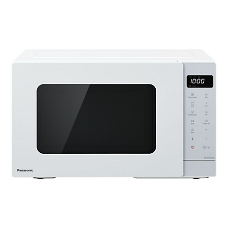 Weiße Panasonic Mikrowelle mit digitalem Display und Bedienfeld auf der rechten Seite vor neutralem Hintergrund.