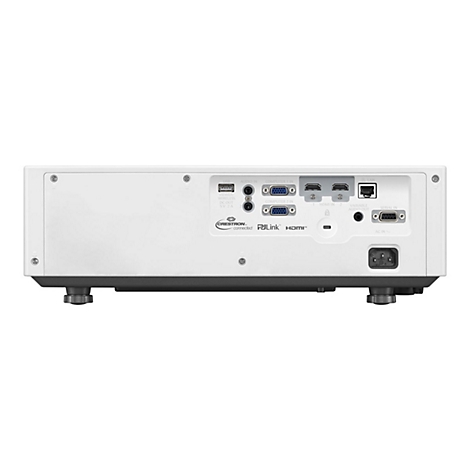Rückseite eines weißen Projektors mit verschiedenen Anschlüssen wie HDMI, USB und VGA auf weißem Hintergrund.