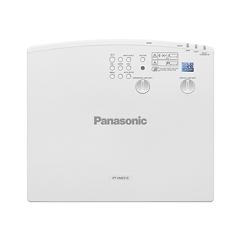 Oberseite eines weißen Panasonic Projektors mit Bedienelementen, Einstellrädern und Modellname PT-VMZ51S.