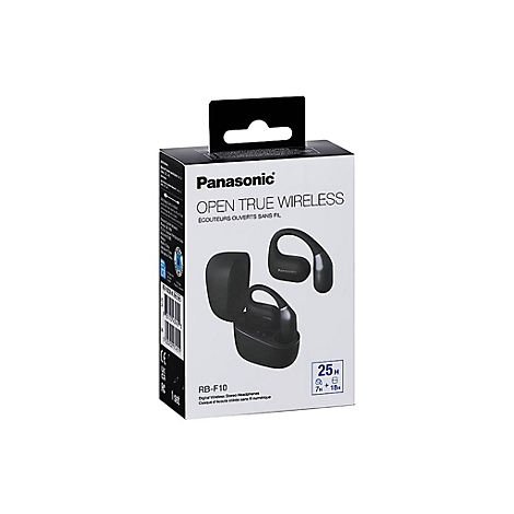 Produktverpackung der kabellosen Panasonic RB-F10 Kopfhörer mit Ladecase vor weißem Hintergrund.
