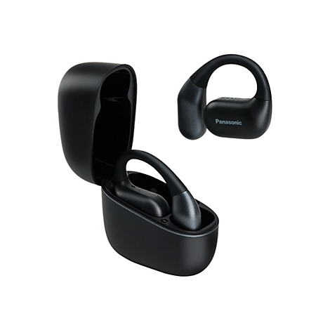 Schwarze Panasonic Open-Ear-Kopfhörer mit Ladecase auf weißem Hintergrund.