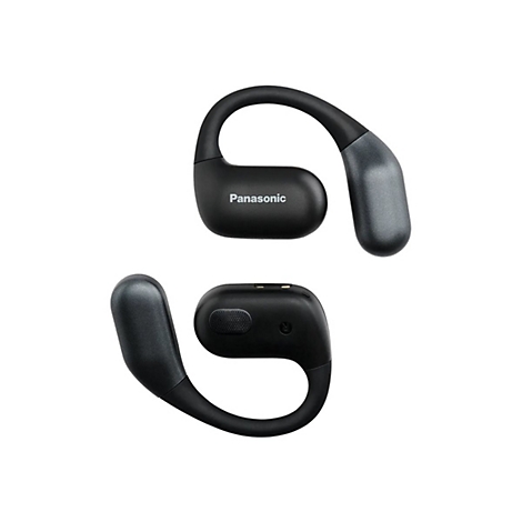 Zwei schwarze Panasonic Ohrbügel-Kopfhörer vor weißem Hintergrund.