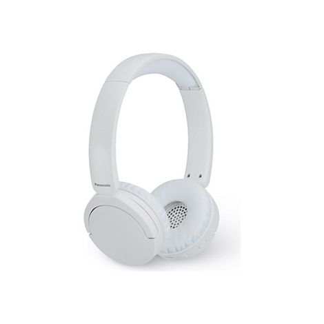 Weiße Panasonic On-Ear-Kopfhörer vor weißem Hintergrund mit gepolsterten Ohrmuscheln.
