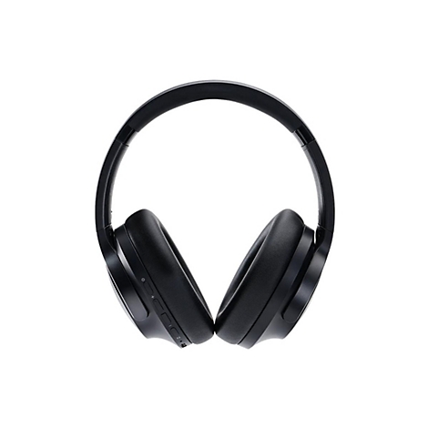 Schwarze Over-Ear-Kopfhörer vor weißem Hintergrund mit seitlichen Tasten für Lautstärke und Steuerung.