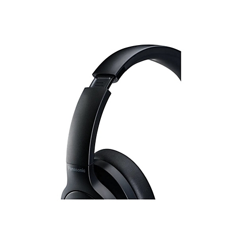 Nahaufnahme des verstellbaren Kopfbandes und des Markenlogos an einem schwarzen Panasonic Kopfhörer.