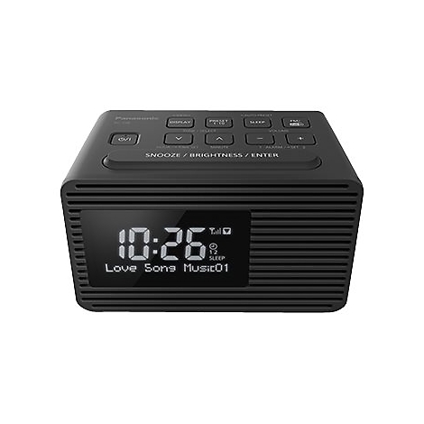 Schwarzer Digital-Radiowecker, mit Display und Knöpfen. Uhrzeit: 10:26, Radiosender: Love Songs Music01.