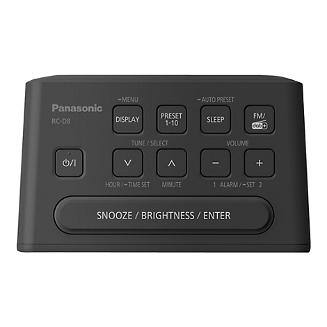 Réveil radio Panasonic gris foncé, boutons étiquetés, cadran. Panneau de commande avec marche/arrêt, affichage, préréglage, veille, FM/DAB+, volume et bouton snooze.