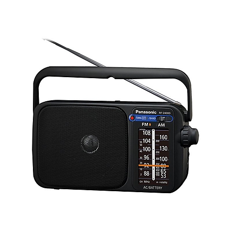 Schwarzes Panasonic-Radio mit Antenne und Tragegriff. Details wie Skala und Lautsprecher sind sichtbar.