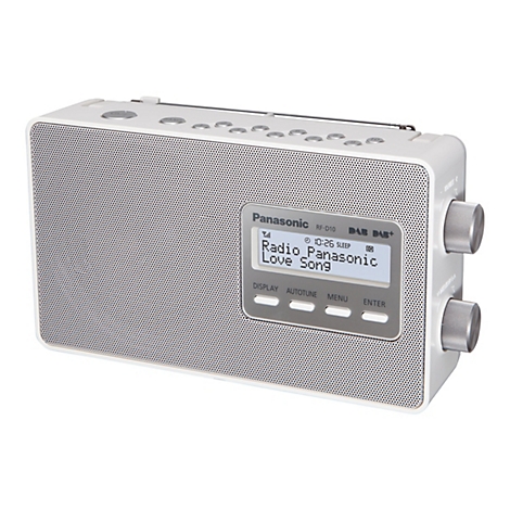Weißes Panasonic-Radio mit Display. Es zeigt Radiosender und Uhrzeit an. Auf der rechten Seite befinden sich Drehregler.