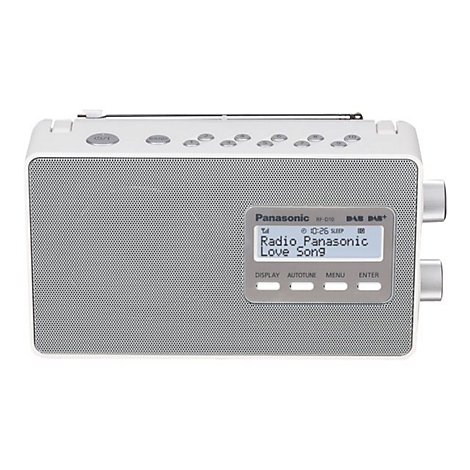 Weißes Panasonic Radio, graue Lautsprecherabdeckung, Text: Radio Panasonic Love Song, Bildschirm zeigt Uhrzeit.