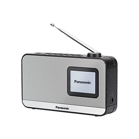 Ein graues Panasonic-Radio mit ausziehbarer Antenne. Auf dem Bildschirm steht Panasonic. Das Gehäuse ist schwarz und silberfarben.