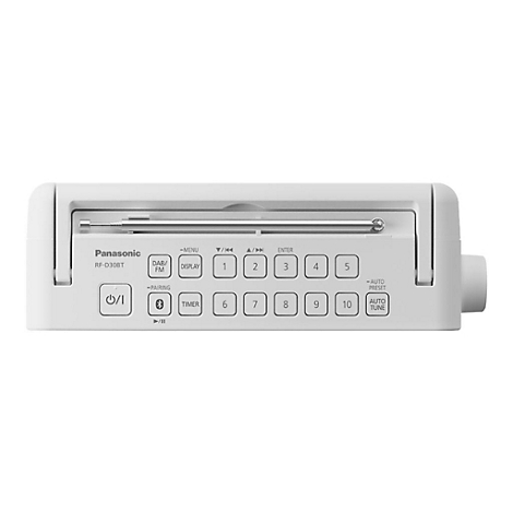 Ein weißes Panasonic-Radio mit Knöpfen und Antenne. Aufschrift: DAB/FM, Display, 1-10, Auto Tune.