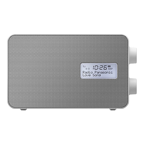Graues Radio mit Bildschirm, zeigt 10:26 Uhr und "Love Song". Zwei weiße Drehknöpfe rechts.