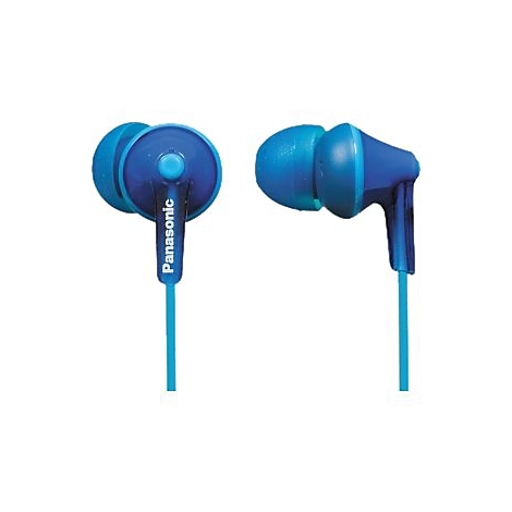 Zwei blaue In-Ear-Kopfhörer mit Panasonic-Logo. Der rechte Kopfhörer liegt im Profil.