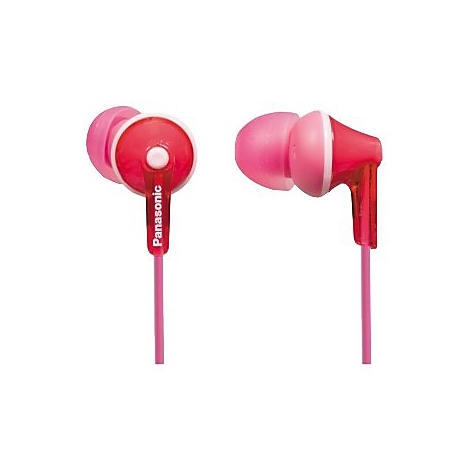 Zwei pinkfarbene In-Ear-Kopfhörer mit roten Akzenten und dem Panasonic-Logo.