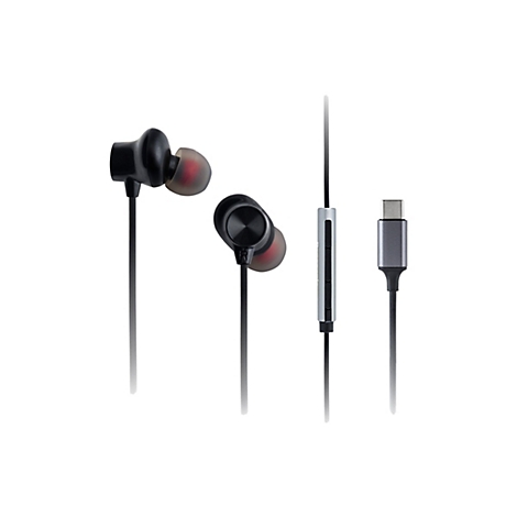 Schwarze In-Ear-Kopfhörer mit USB-C-Anschluss, Kabelfernbedienung und transparenten Silikon-Ohrstöpseln.
