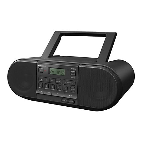 Schwarzes Panasonic-Radio mit digitaler Anzeige, Bedienknöpfen und Tragegriff. Die Frequenz ist auf 87.50 eingestellt.