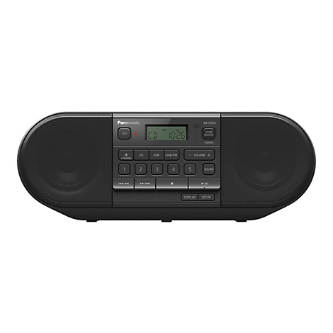 Schwarzes Panasonic-Radio mit digitaler Anzeige und Bedienelementen.