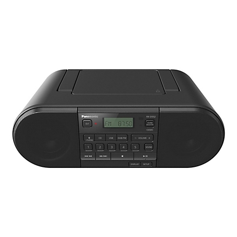 Schwarzes Panasonic Radio, mit Knöpfen, Display und Lautsprechern. Auf dem Display ist 87,50 zu lesen.