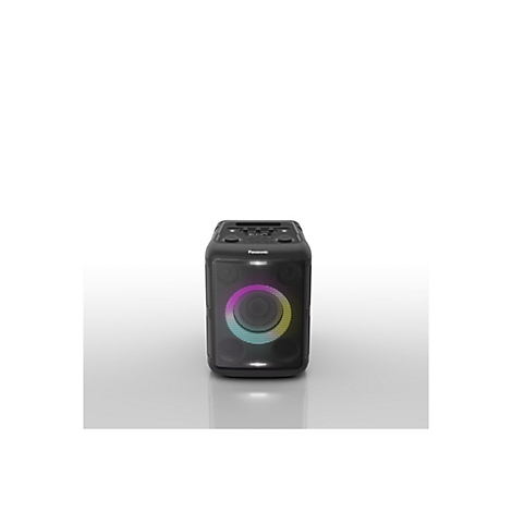 Schwarzer Panasonic Lautsprecher mit leuchtendem, buntem RGB-Ring vor neutralem Hintergrund.