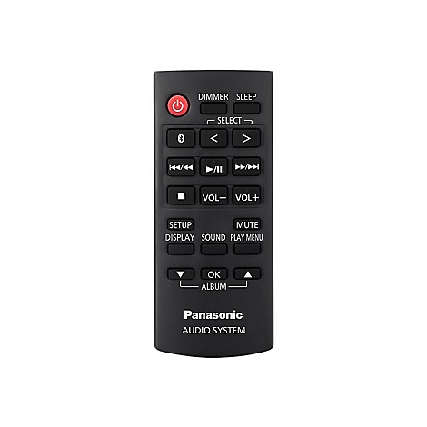 Télécommande Panasonic noire avec boutons, tels que marche/arrêt, bluetooth, volume, sourdine et options de menu, sur fond blanc.
