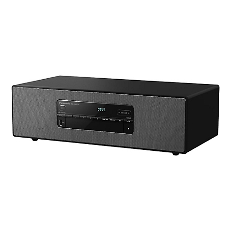 Système audio noir Panasonic SC-DM504. L'affichage numérique affiche 08:25. Une grille de haut-parleur à droite et à gauche.
