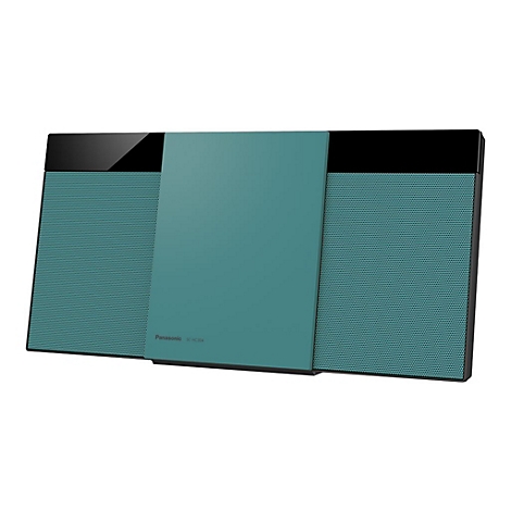 Kompaktes Panasonic SC-HC304 Audiosystem in Türkis und Schwarz vor weißem Hintergrund.
