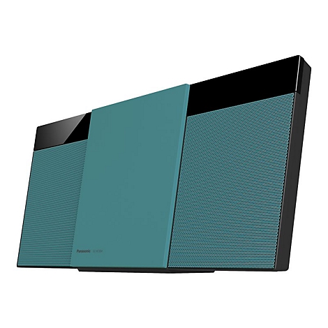 Flaches, modernes Panasonic Kompaktsystem in Türkis und Schwarz auf weißem Hintergrund.