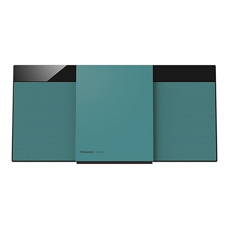 Flaches Panasonic Kompaktsystem SC-HC304 in Türkis mit zentraler Blende und zwei seitlichen Lautsprechergittern.
