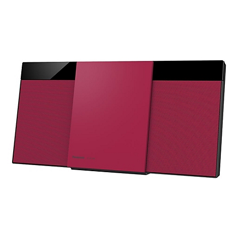 Flaches, rotes Panasonic Audiosystem mit schwarzem Rahmen und Lautsprechergitter vor weißem Hintergrund.