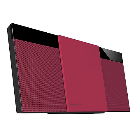 Modernes, rotes Musiksystem von Panasonic in flachem Design vor weißem Hintergrund.