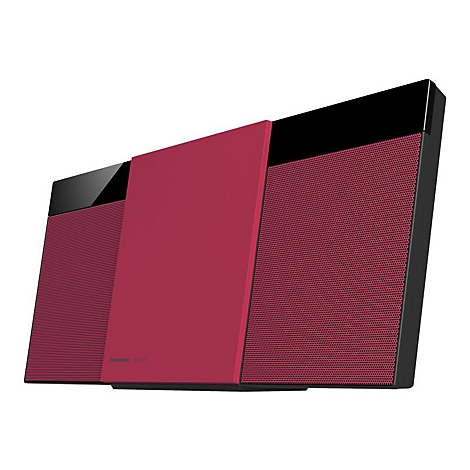 Schlankes Panasonic Soundsystem in Magenta und Schwarz vor weißem Hintergrund.