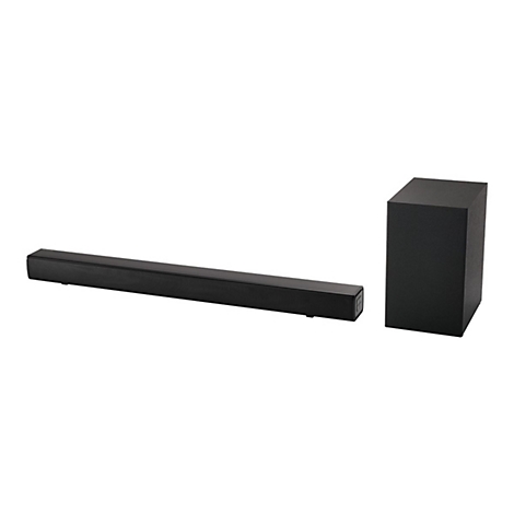Schwarze Soundbar mit einem separaten, vertikalen Subwoofer vor einem weißen Hintergrund.